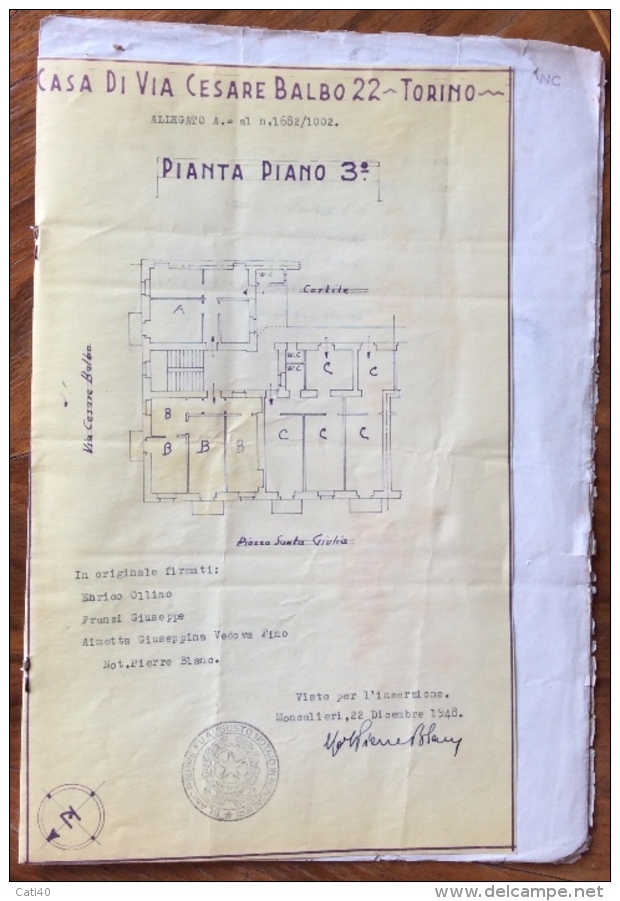 TORINO CASA VIA C.BALBO 22 ROGITO NOTAIO PIERRE BLANC CON PLANIMETRIA ALLEGATA - Topographical Maps