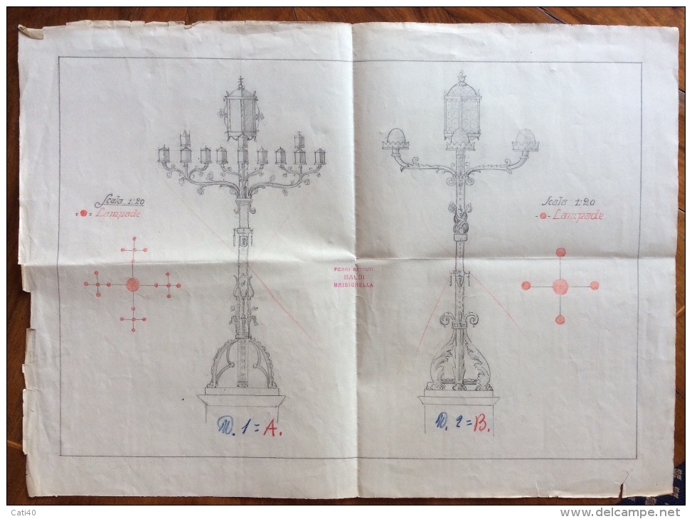 BRISIGHELLA FERRI BATTUTI BALDI PROGETTO DI DUE LAMPADARI  DISEGNO ORIGINALE  FATTO E  COLORATO A MANO - Carte Topografiche