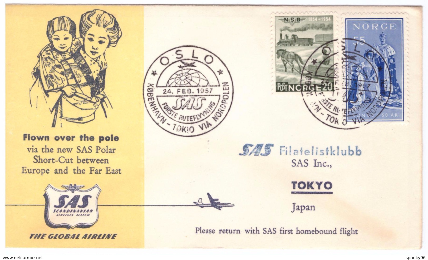 STORIA POSTALE - GIAPPONE - JAPAN - ANNO 1957 - TOKIO - OSLO - FILATELISTIKLUBB - FLOWN OVER THE PEOPLE - THE NEW SAS - Storia Postale