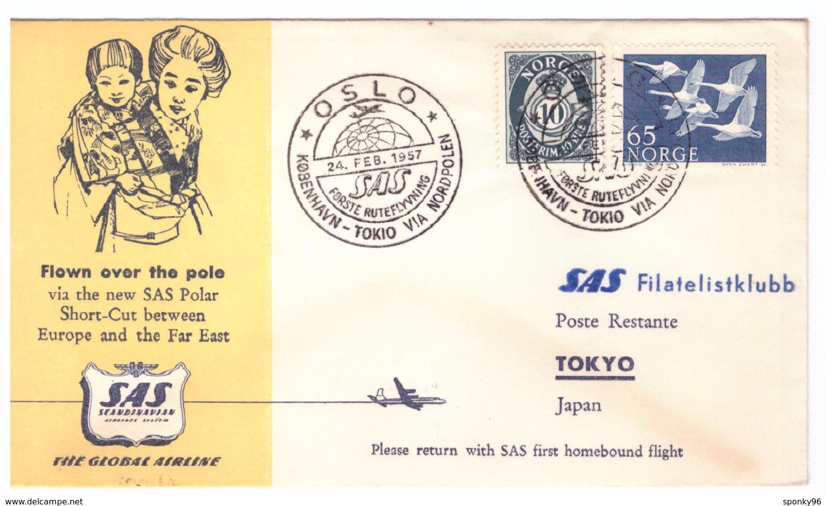 STORIA POSTALE - GIAPPONE - JAPAN - ANNO 1957 - TOKIO - OSLO - FILATELISTIKLUBB - FLOWN OVER THE PEOPLE - THE NEW SAS - Cartas & Documentos
