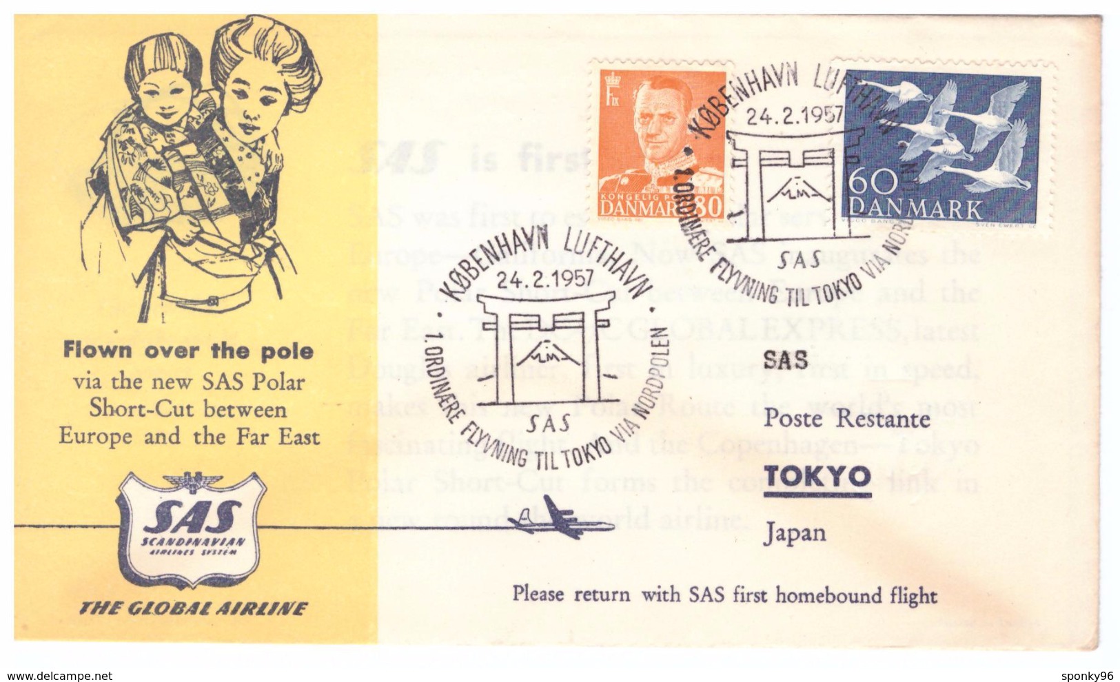 STORIA POSTALE - GIAPPONE - JAPAN - ANNO 1957 - TOKIO - FILATELISTIKLUBB - FLOWN OVER THE PEOPLE - KOBENHAVN LUFTHAVN - - Cartas & Documentos