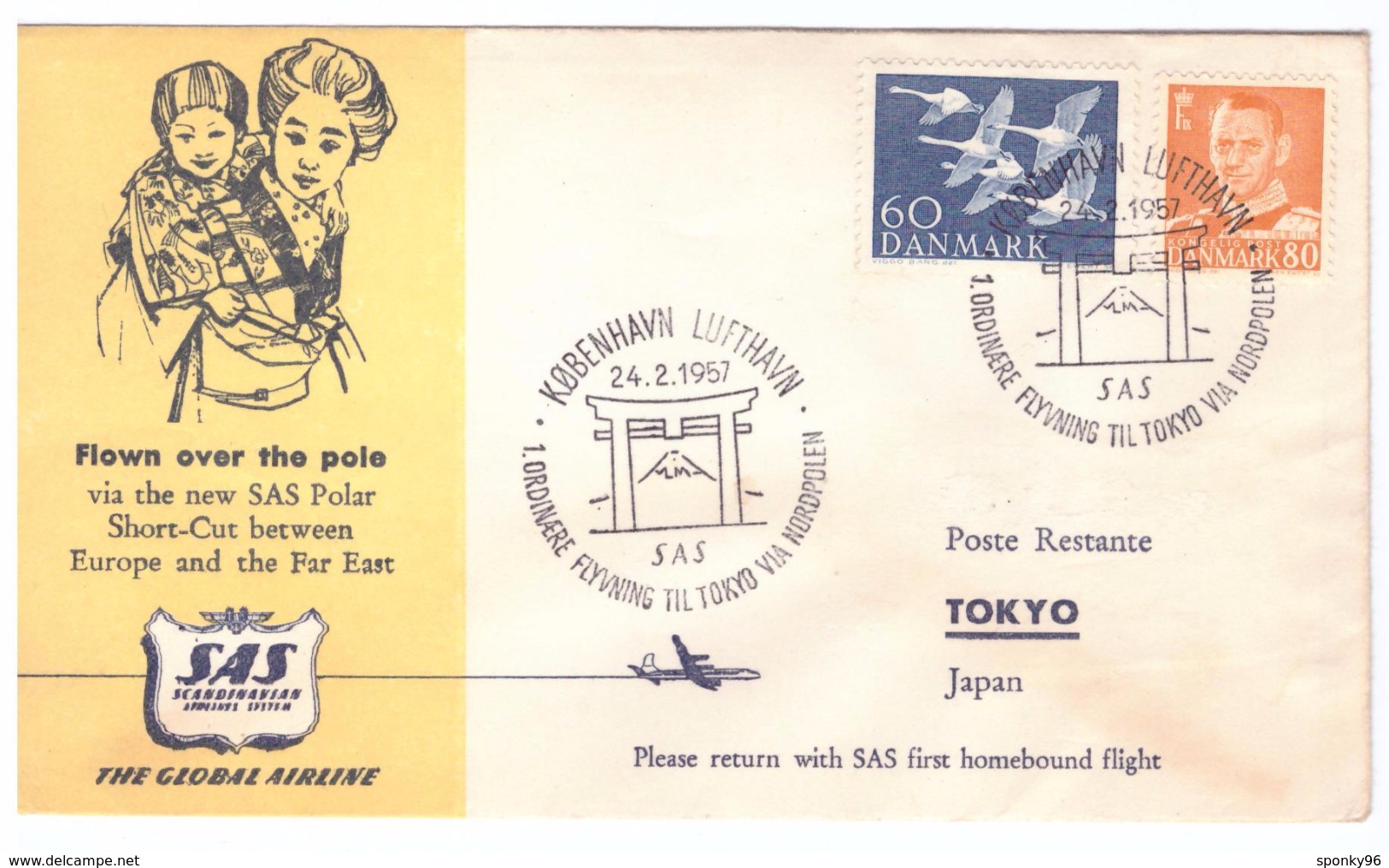 STORIA POSTALE - GIAPPONE - JAPAN - ANNO 1957 - TOKIO - FILATELISTIKLUBB - FLOWN OVER THE PEOPLE - KOBENHAVN LUFTHAVN - - Briefe U. Dokumente