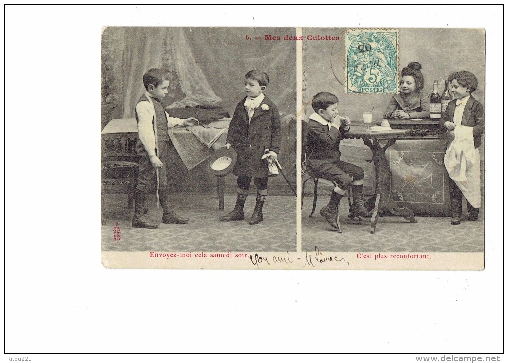 Cpa Fantaisie - Humour, Mes Deux Culottes - Garçon Fillette Bouteille Alcool Cigarette Tailleur Mètre Bourse - 1903 - - Collections, Lots & Séries