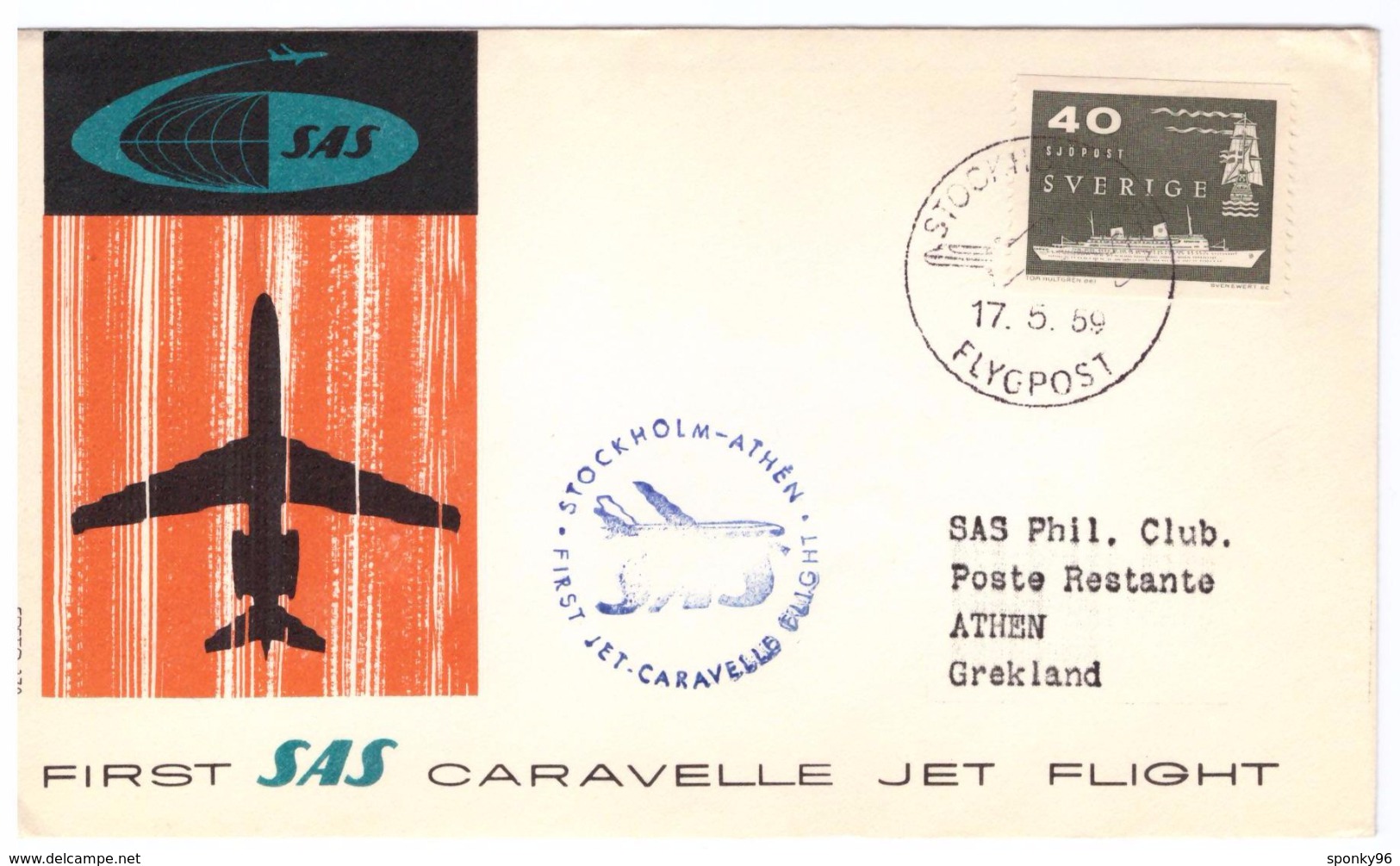 STORIA POSTALE - SVEZIA - SCANDINAVIA - STOCKHOLM - ANNO 1959 -  FIRST SAS CARAVELLE JET FLIGHT - STOCKHOLM-ATHEN - - Altri & Non Classificati