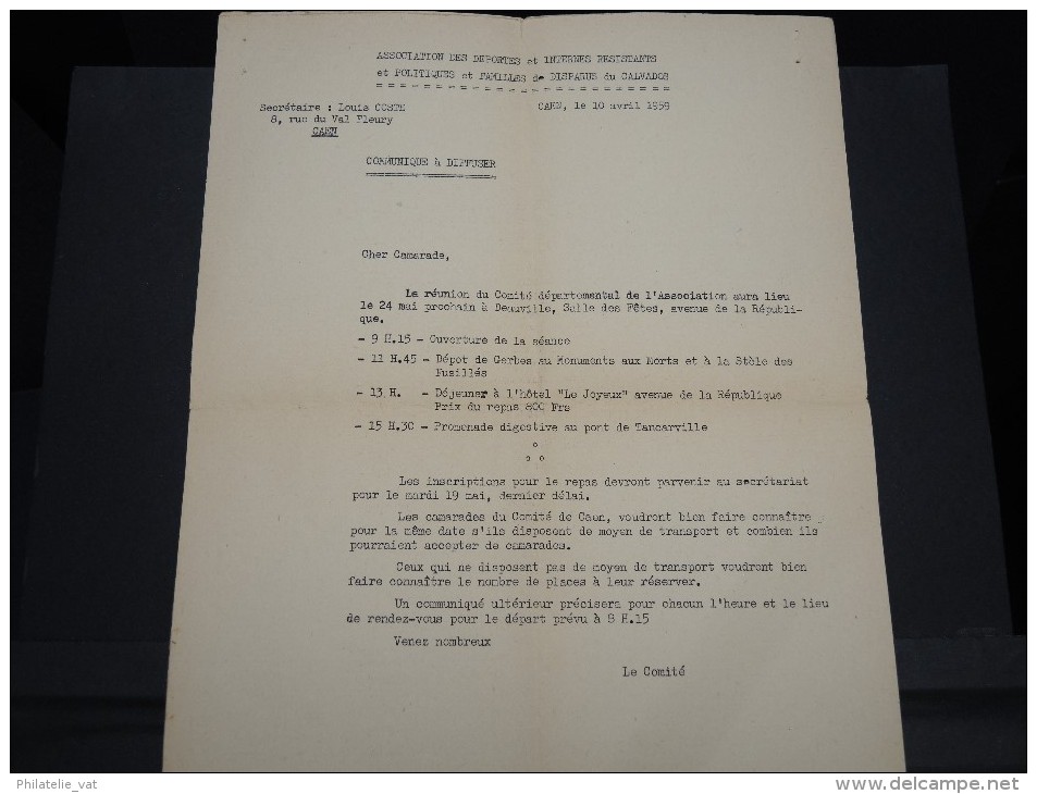 FRANCE - Env De L'Asso Des Déportés Et Internés Résistants Et Politiques De Disparus Du Calvados - 1959 - P20700 - Guerre De 1939-45