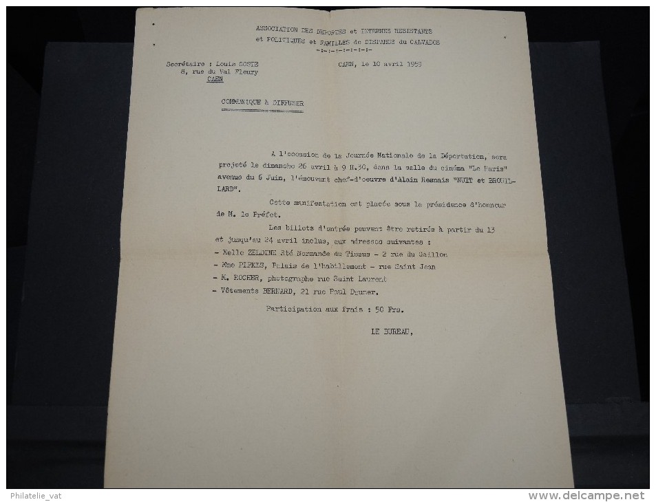 FRANCE - Env De L'Asso Des Déportés Et Internés Résistants Et Politiques De Disparus Du Calvados - 1959 - P20700 - Guerre De 1939-45