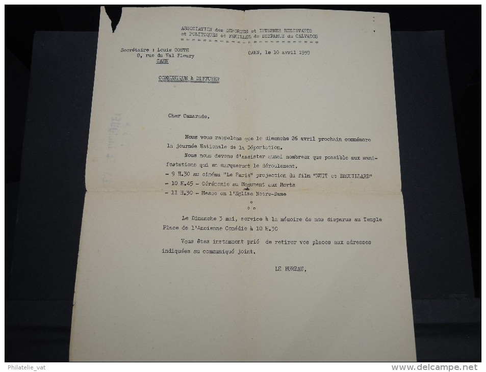 FRANCE - Env De L'Asso Des Déportés Et Internés Résistants Et Politiques De Disparus Du Calvados - 1959 - P20700 - Guerre De 1939-45