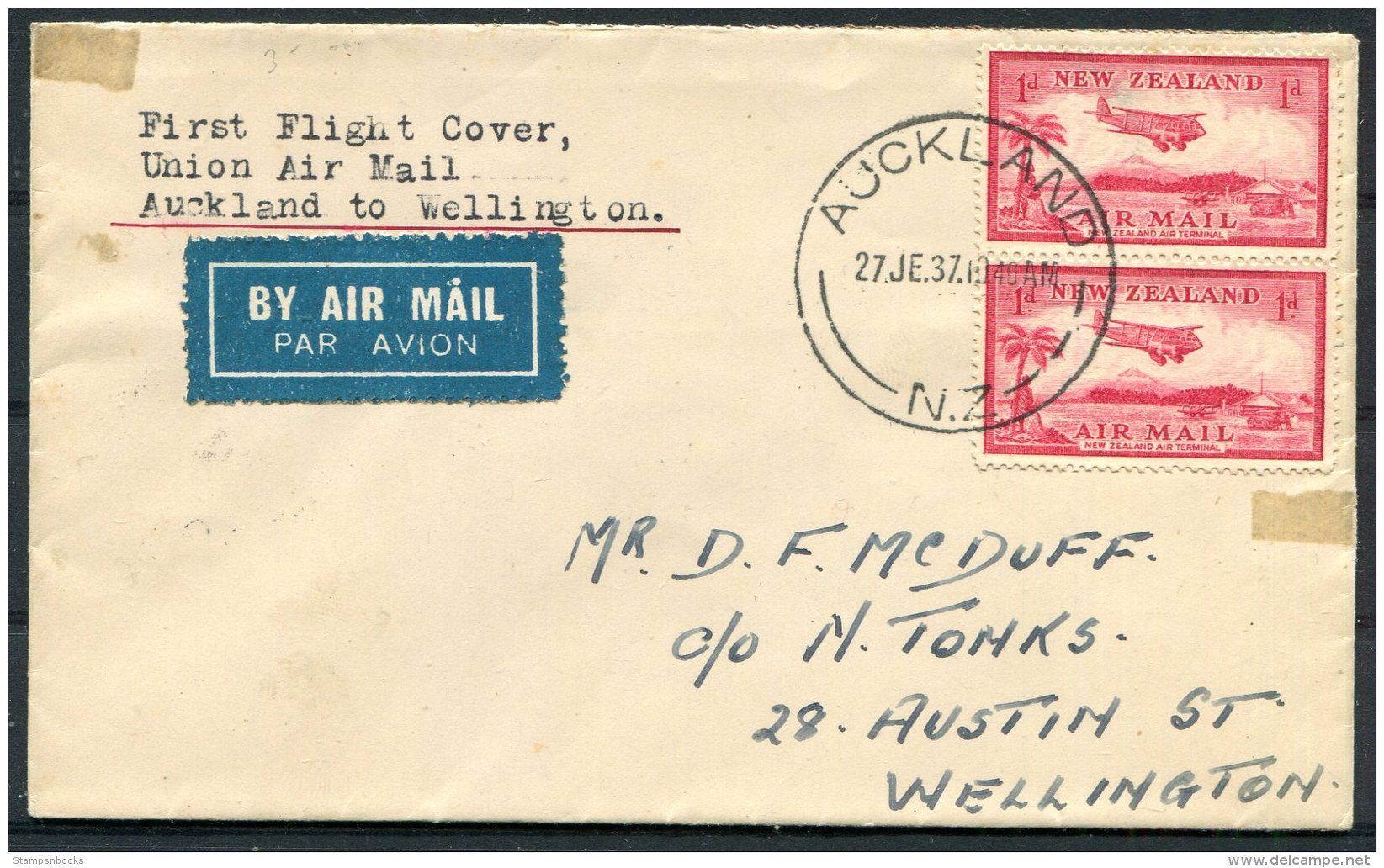 1937 New Zealand Union Airmail Auckland - Wellington First Flight Cover - Posta Aerea