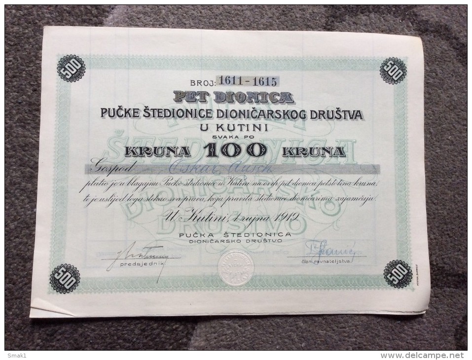 AKTIE   SHARES   STOCK   STOCKS   BONDS  KUTINA   CROATIA  100 KRUNA    1919. - Banque & Assurance