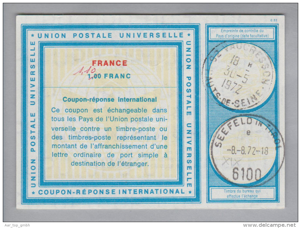 France Ganzsache Coupon Réponse International 1972-05-30 Franc 1.10 - Antwoordbons