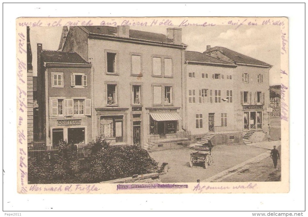 CPA 54 - CIREY Sur VEZOUZE -- Rue De La Gare ( Rue Joffre ) Immeubles Coiffeur Magasin Attelage Vue Peu Commune 1916 - Cirey Sur Vezouze
