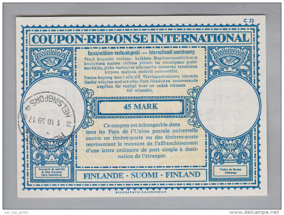 Finnland Ganzsache Coupon Réponse International Helsinki 1959-10-01 45 Mark - Enteros Postales