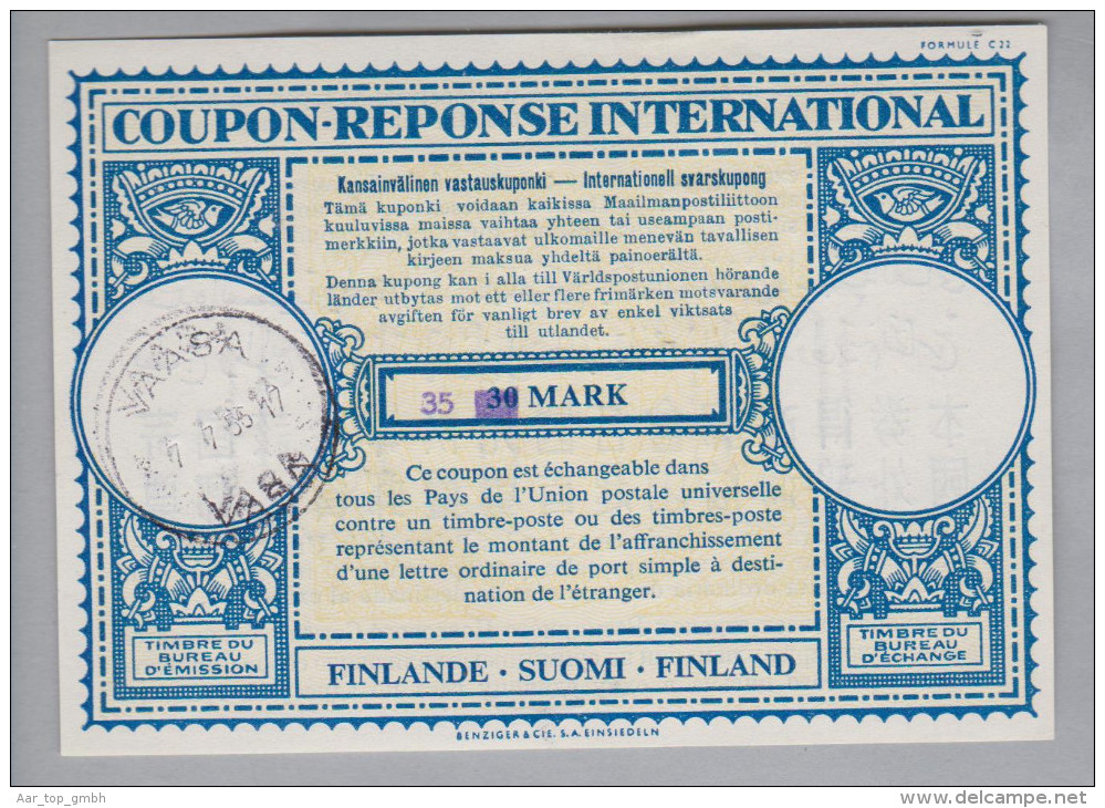 Finnland Ganzsache Coupon Réponse International Vaasa 1956-07-07 35 Auf 30 Mark - Interi Postali