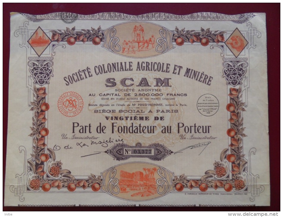 PART DE FONDATEUR SOCIETE COLONIALE AGRICOE ET MINIERE SCAM DECO - Afrique