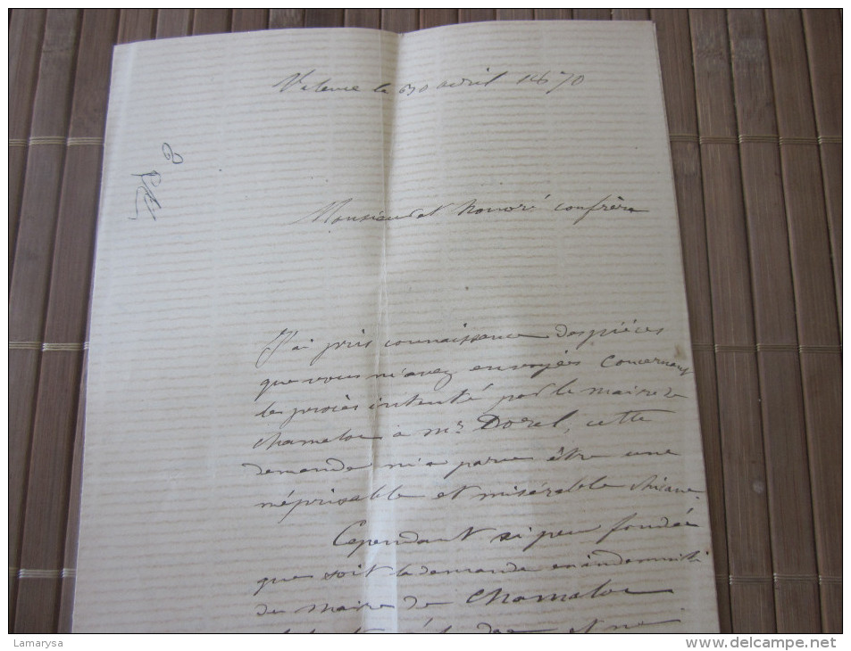 VALENCE 30 AVR 1870 LETTRE MANUSCRIT--GRAND VICAIRE DOREL Curé EGLISE CHAMALOC-PROCÈS DOSSIER SUITE LIRE CHER CONFRÈRE - Manuscrits