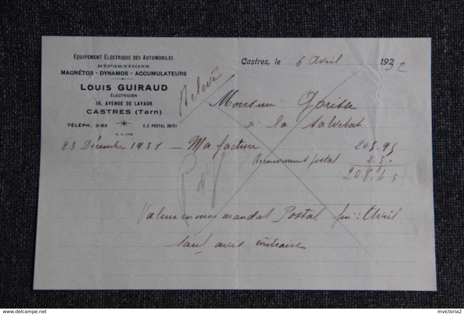 Facture Ancienne, CASTRES, Louis GUIRAUD, Electricien,Equipement électrique Des Automobiles, Réparations Magnétos... - 1900 – 1949