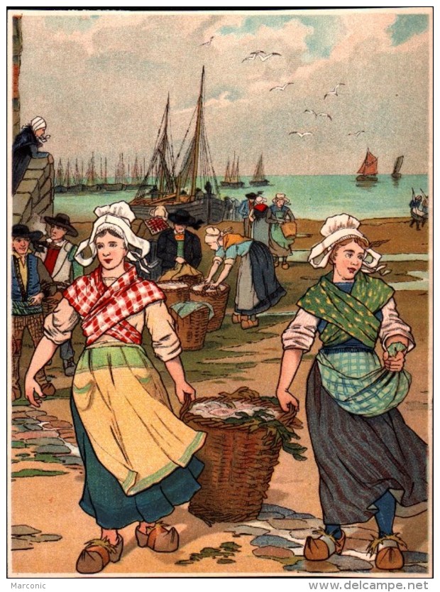 IMAGE LITHOGRAPHIE - JEUNES FILLES BRETONNES Ramenant Le Poisson - Thème MER  PECHE - Litografia