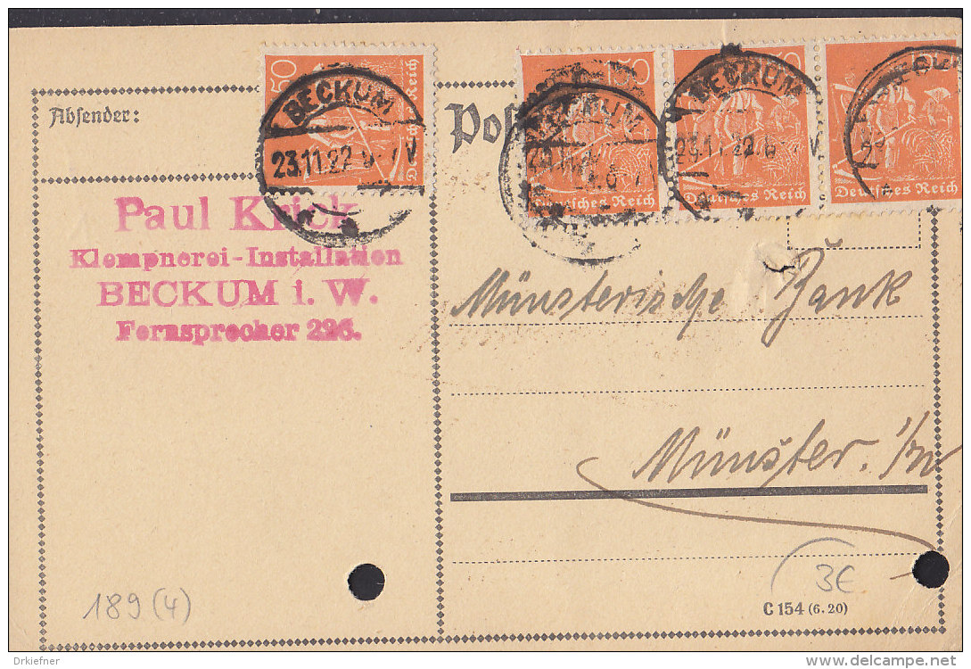 INFLA 4x 189 MeF, Auf PK Der Fa. Paul Krick, Mit Stempel: Beckum 23.11.1922 - Sonstige & Ohne Zuordnung