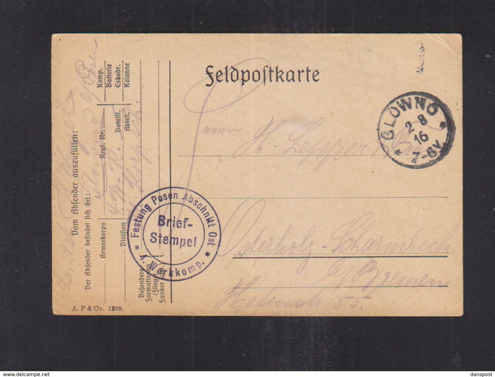 Dt. Reich Feldpost-PK 1916 Festung Posen Abschnitt Ost - Briefe U. Dokumente