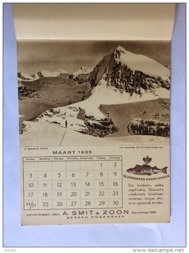 NORWAY  VINTAGE  CALENDAR   1935.  A. SMIT & ZOON  BERGEN   20 X 15 Cm - Groot Formaat: 1921-40