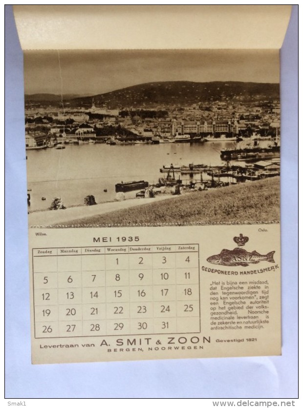 NORWAY  VINTAGE  CALENDAR   1935.  A. SMIT & ZOON  BERGEN   20 x 15 cm