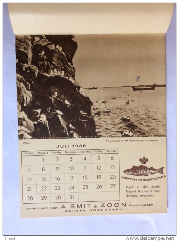 NORWAY  VINTAGE  CALENDAR   1935.  A. SMIT & ZOON  BERGEN   20 x 15 cm