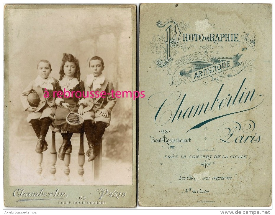 Grand CDV-(CAB) Enfants Avec Jouets-raquettes De Tennis-ballon-photo Chamberlin à Paris - Old (before 1900)