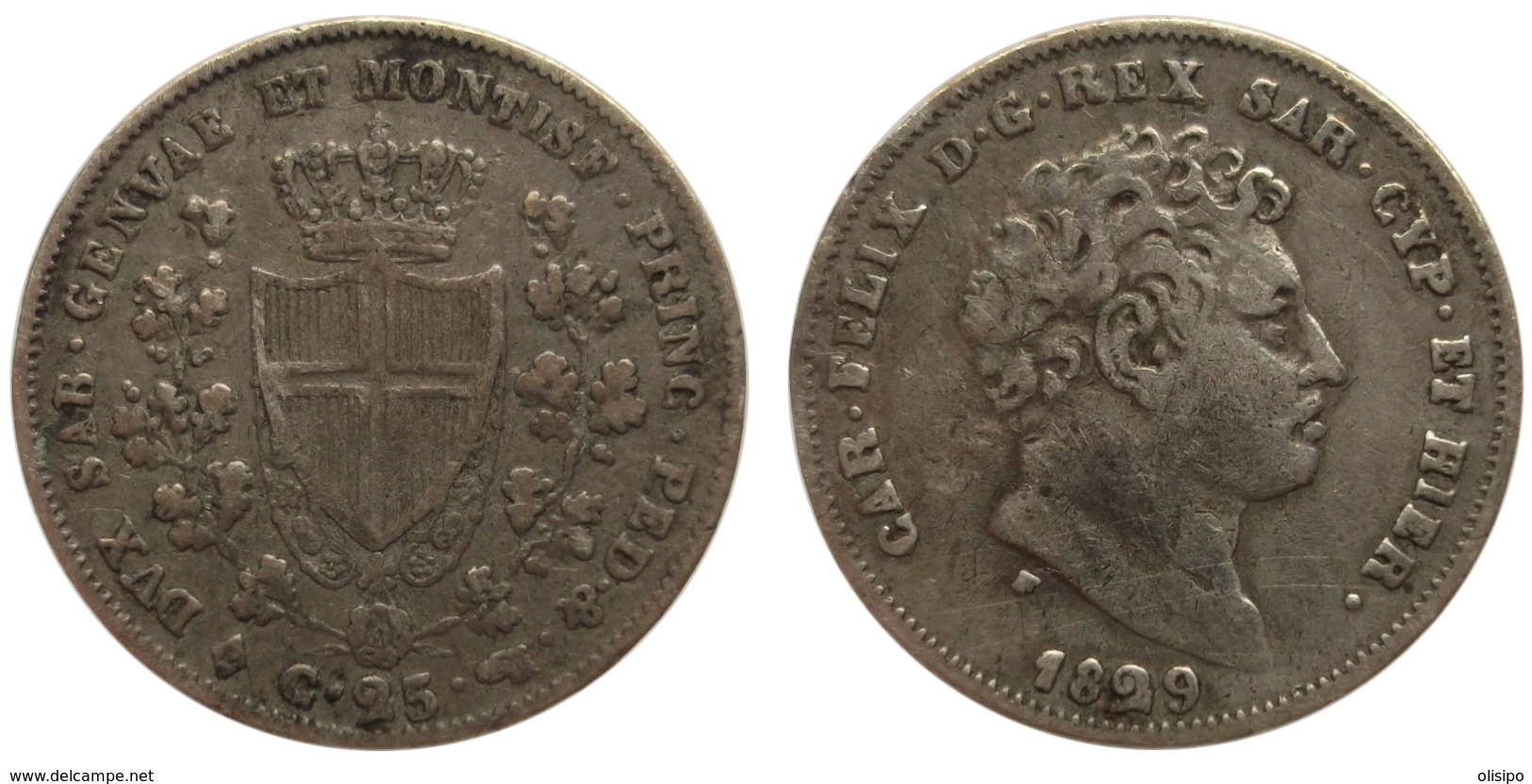 25 Centesimi 1829 L (Sardinia) Silver - Italian Piedmont-Sardinia-Savoie