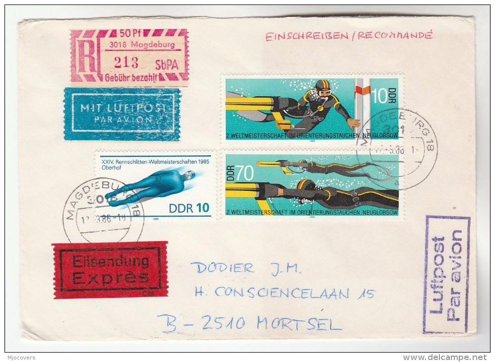 1986 REGISTERED Cover SCUBA DIVING Stamps EAST GERMANY  To Belgium Luge Sport - Tauchen