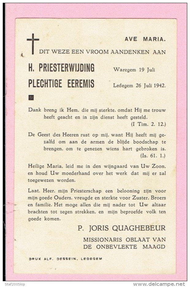 Aandenken - P. JORIS QUAGHEBEUR - Priesterwijding Waregem 1942 - Eremis Ledegem 1942 - Images Religieuses