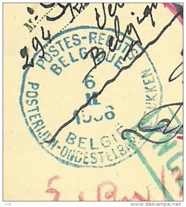 401 Op Entier Met Stempel VERVIERS Naar Copenhage (Danmark) , Stempel RETOUR +INCONNU , Stempel POSTES-REBUTS BELGIQUE - 1934-1935 Leopold III