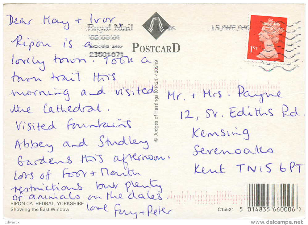 Cathedral, Ripon, Yorkshire, England Postcard Posted 2001 Stamp - Autres & Non Classés