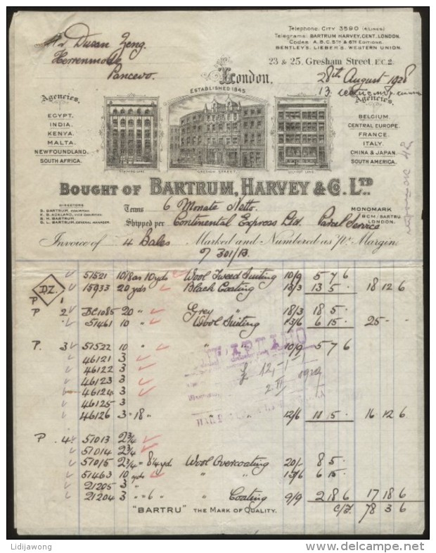 LONDON - "BARTRUM,HARVEY & Co" - FACTURA INVOICE RECHNUNG 1928 - United Kingdom