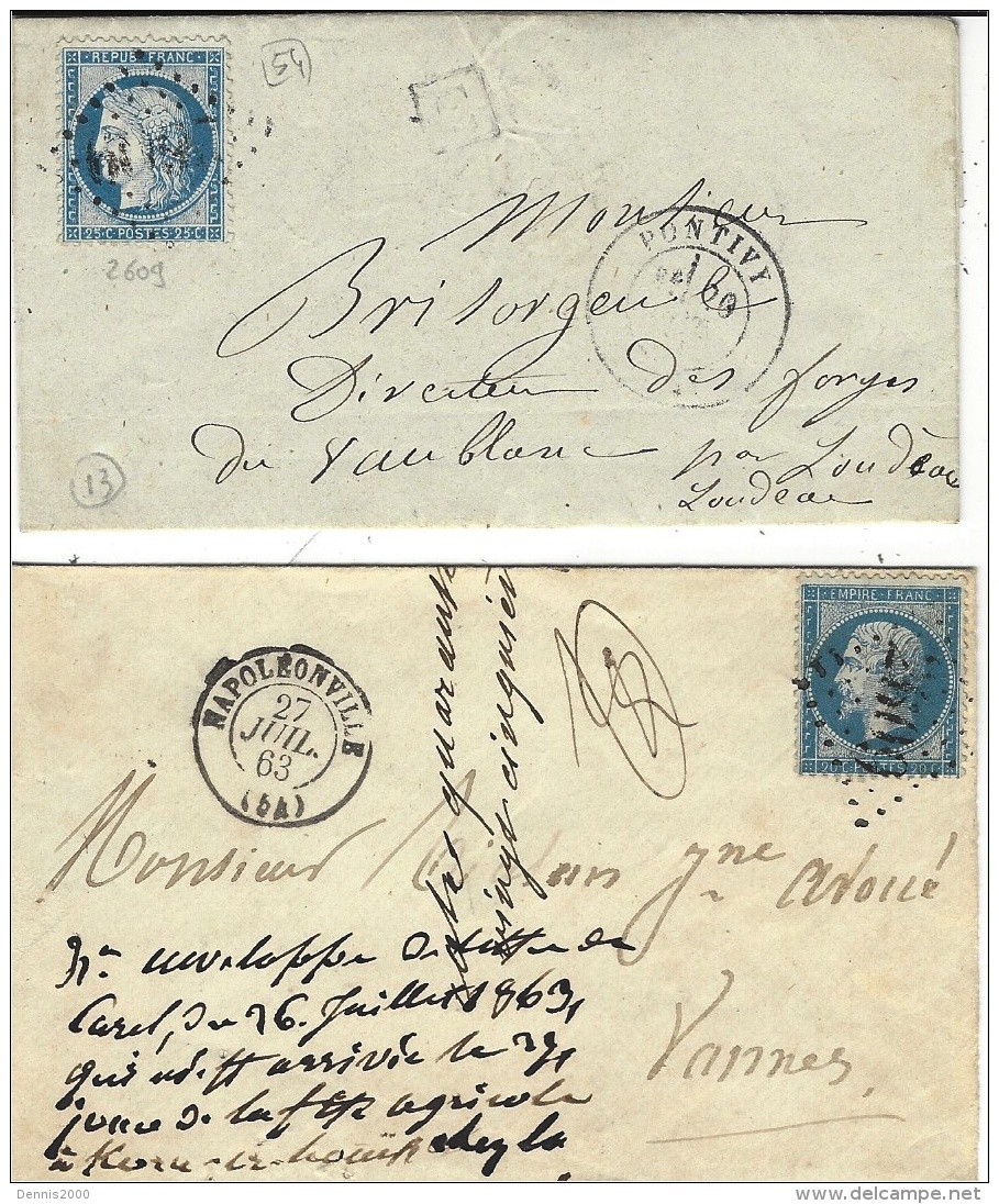 1863 Et 74 -lettresde Napoléonville Et Pontivy ( Morbihan ) Cad T15 Et 17  Affr. N° 22 Et 60 Oblit. G C  2609 - 1849-1876: Période Classique