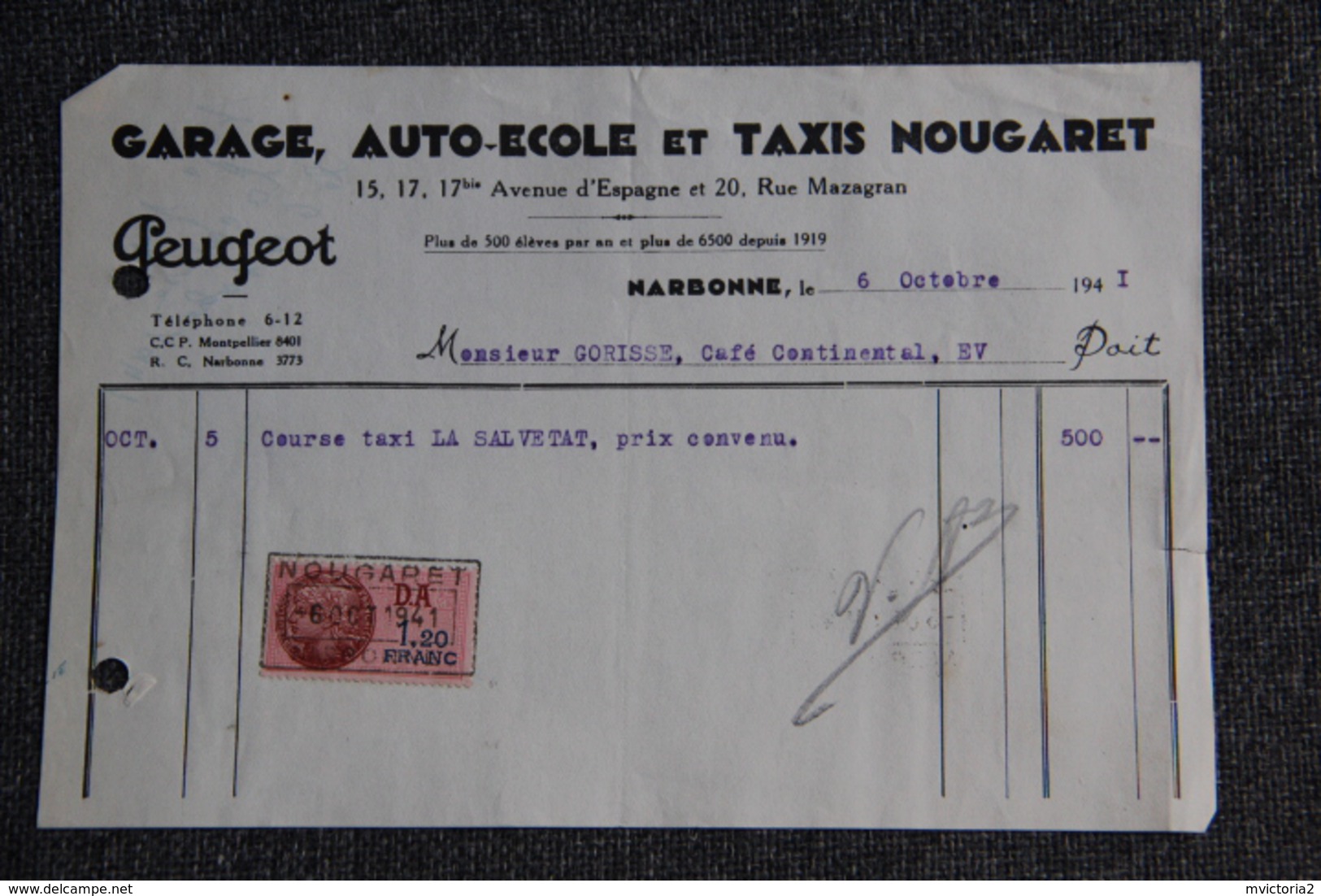 Facture Ancienne, NARBONNE, Garage , Auto Ecole Et Taxis NOUGARET - PEUGEOT. - 1900 – 1949