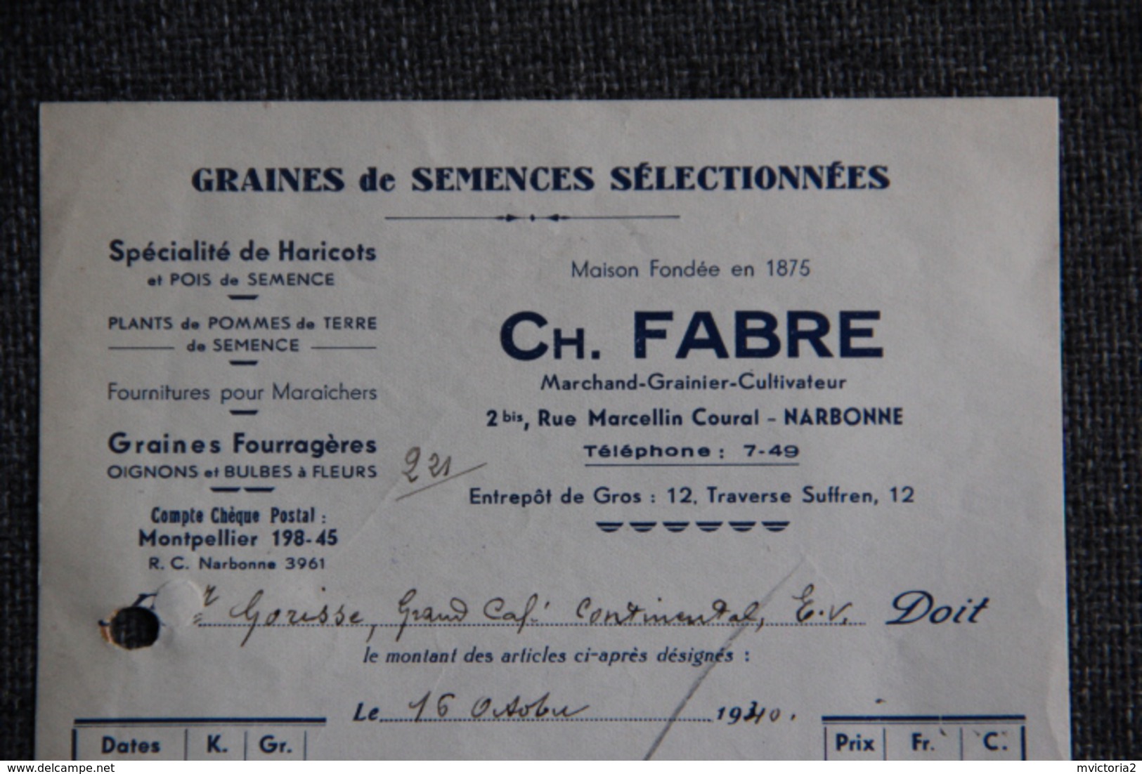 Facture Ancienne, NARBONNE, CH.FABRE, Graines De Semences Sélectionnées, Spécialiste De Haricots. - 1900 – 1949