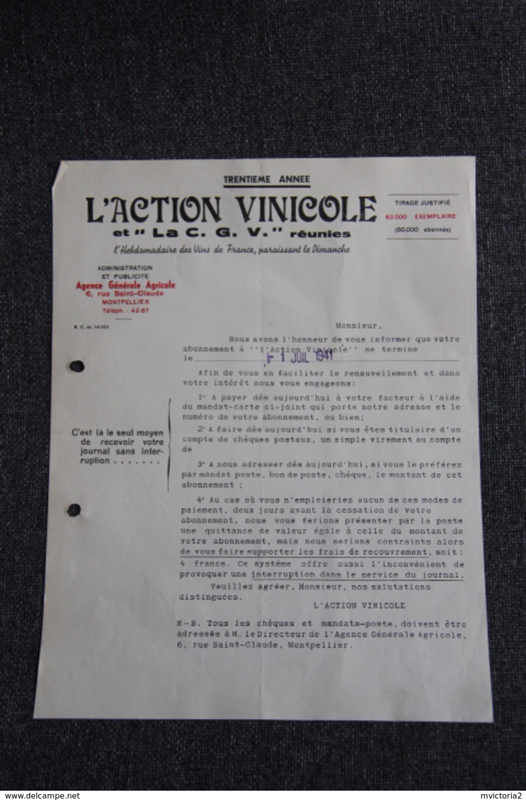 Facture Ancienne, MONTPELLIER, L'ACTION VITICOLE Et La " C.G.V" Réunies. - 1900 – 1949