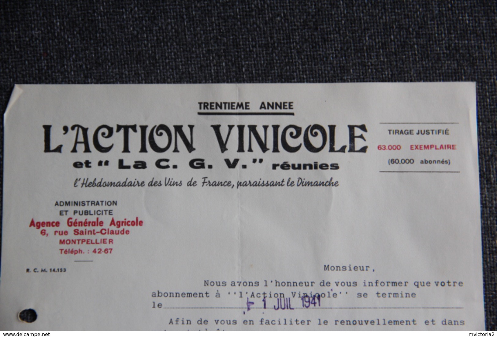 Facture Ancienne, MONTPELLIER, L'ACTION VITICOLE Et La " C.G.V" Réunies. - 1900 – 1949