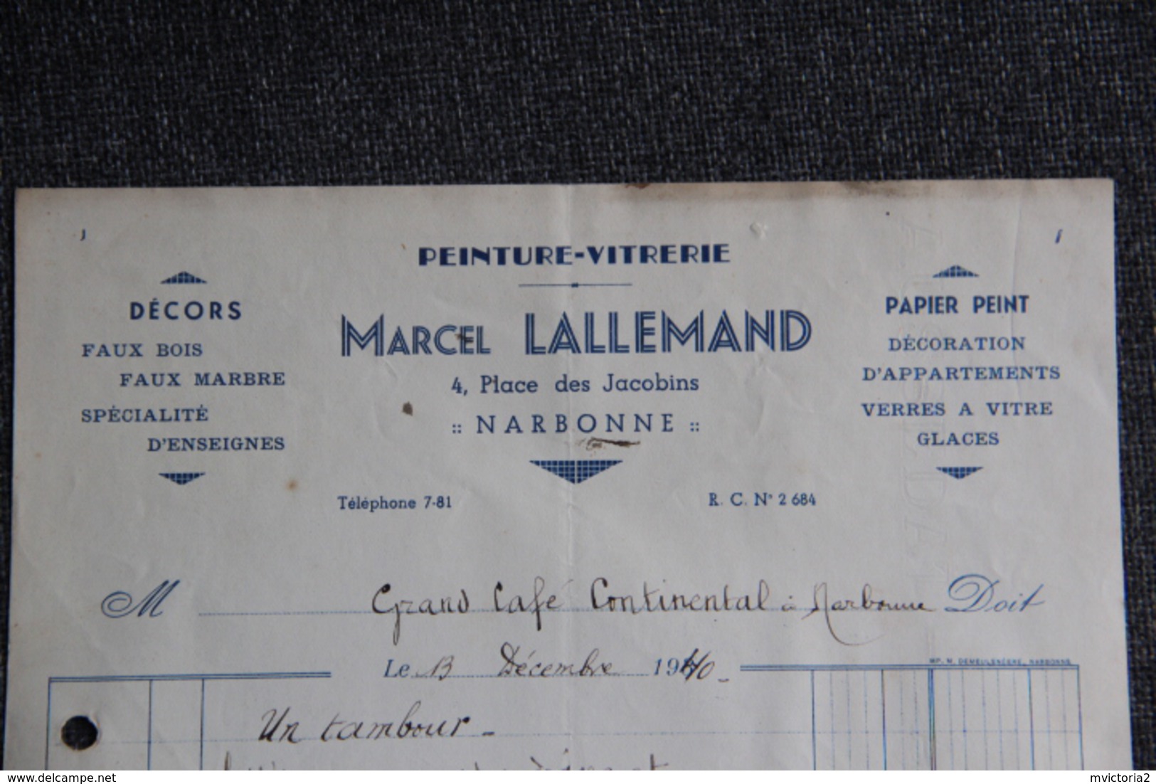 Facture Ancienne, NARBONNE, Marcel LALLEMAND, Peinture Et Vitrerie, 4 Place Des JACOBINS. - 1900 – 1949