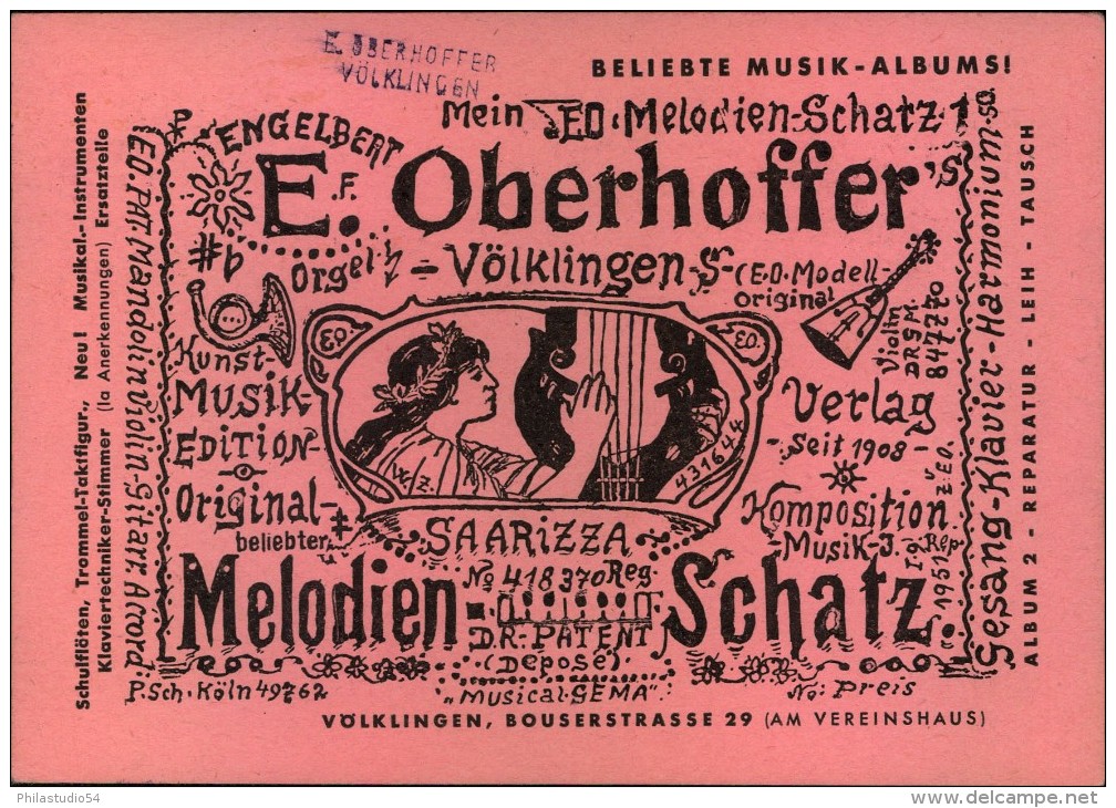 1955, Werbung Für Musikalienhandlung Mit 15 Und 18 F Volksbefragung Vom Ersttag, SAARBRÜCKEN, Völklingen - Musik