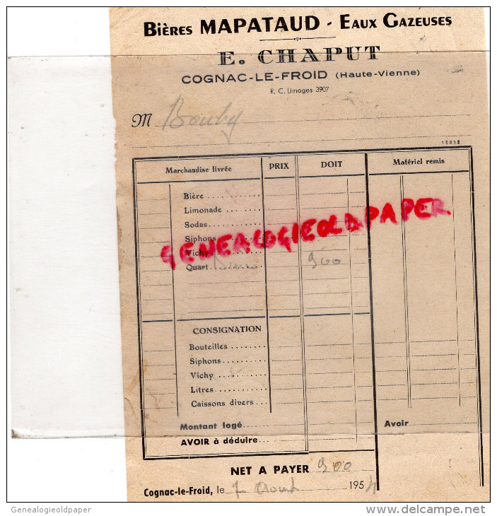87 - COGNAC LA FORET - FACTURE BIERES MAPATAUD - E. CHAPUT   1954 - 1950 - ...