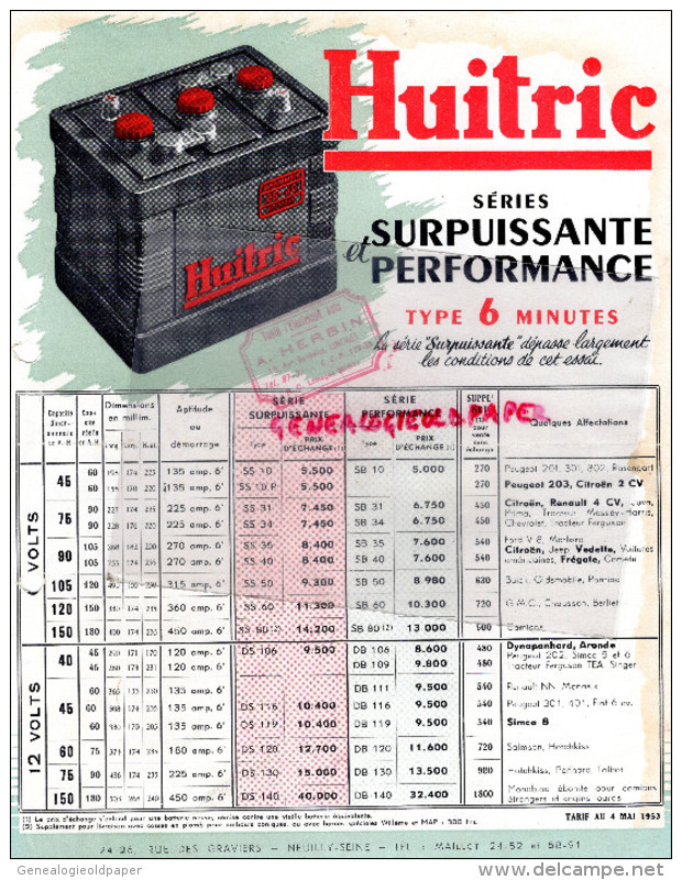 92 - NEUILLY SUR SEINE - TARIFS  HUITRIC BATTERIE VOITURE  - 24 RUE DES GRAVIERS - 4 MAI 1953 - 1950 - ...