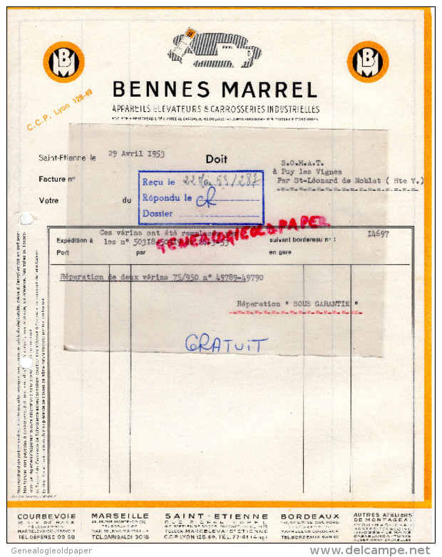 42- SAINT ETIENNE- -92- COURBEVOIE- FACTURE BENNES MARREL- 1953- MARSEILLE- - 1950 - ...