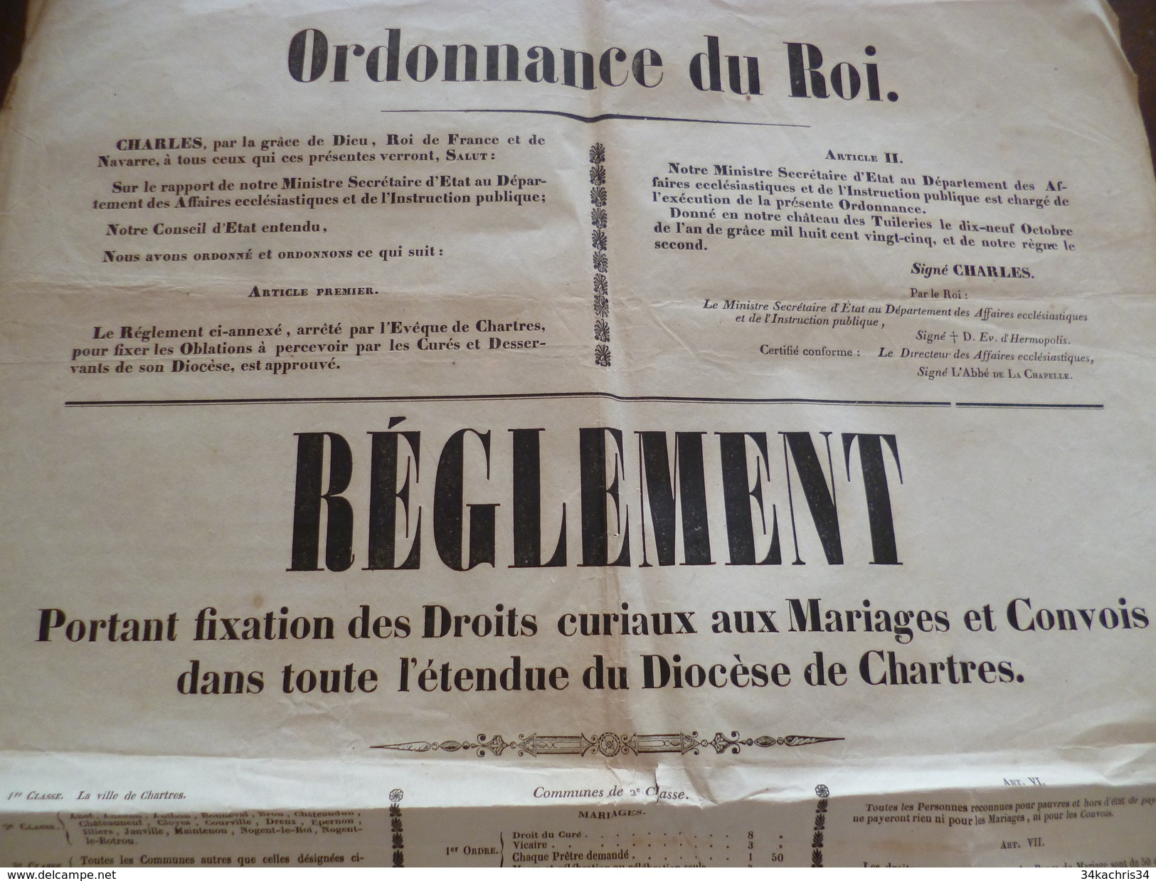 Affiche Placard Ordonnance Du Roi Chartres Fixation Des Droits Curiaux Aux Mariages Et Convois 22/01/1826 Formt 2X A3 - Wetten & Decreten