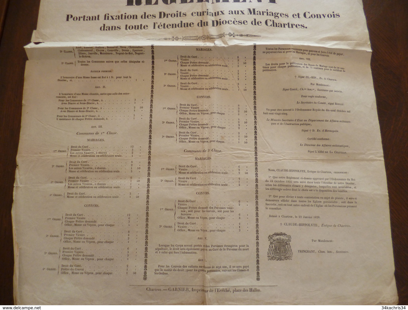 Affiche Placard Ordonnance Du Roi Chartres Fixation Des Droits Curiaux Aux Mariages Et Convois 22/01/1826 Formt 2X A3 - Wetten & Decreten