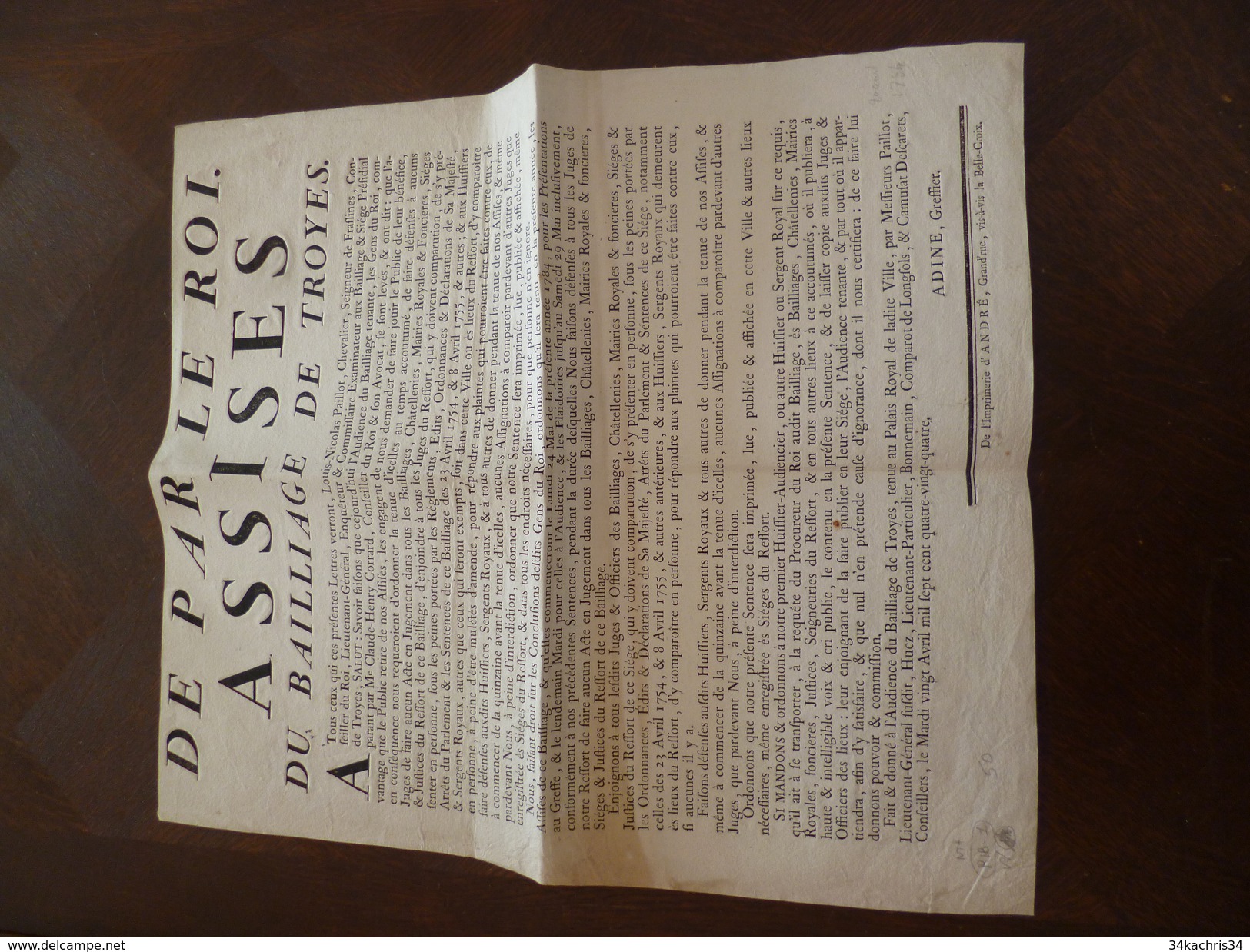 Affiche Placard Ordonnance Assises Du Baillage De Troyes. 20/04/1784 2 X A3. - Decrees & Laws
