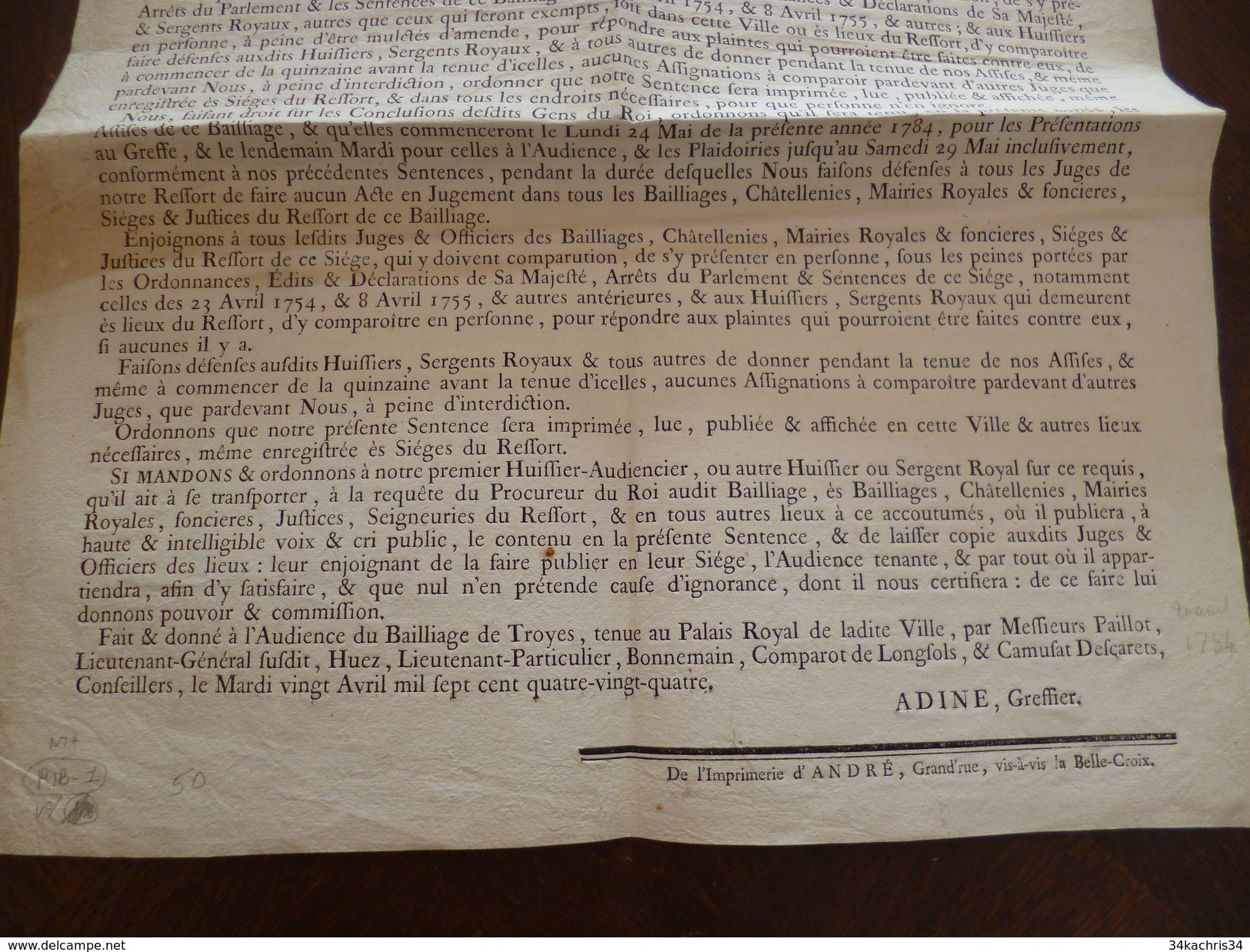Affiche Placard Ordonnance Assises Du Baillage De Troyes. 20/04/1784 2 X A3. - Wetten & Decreten