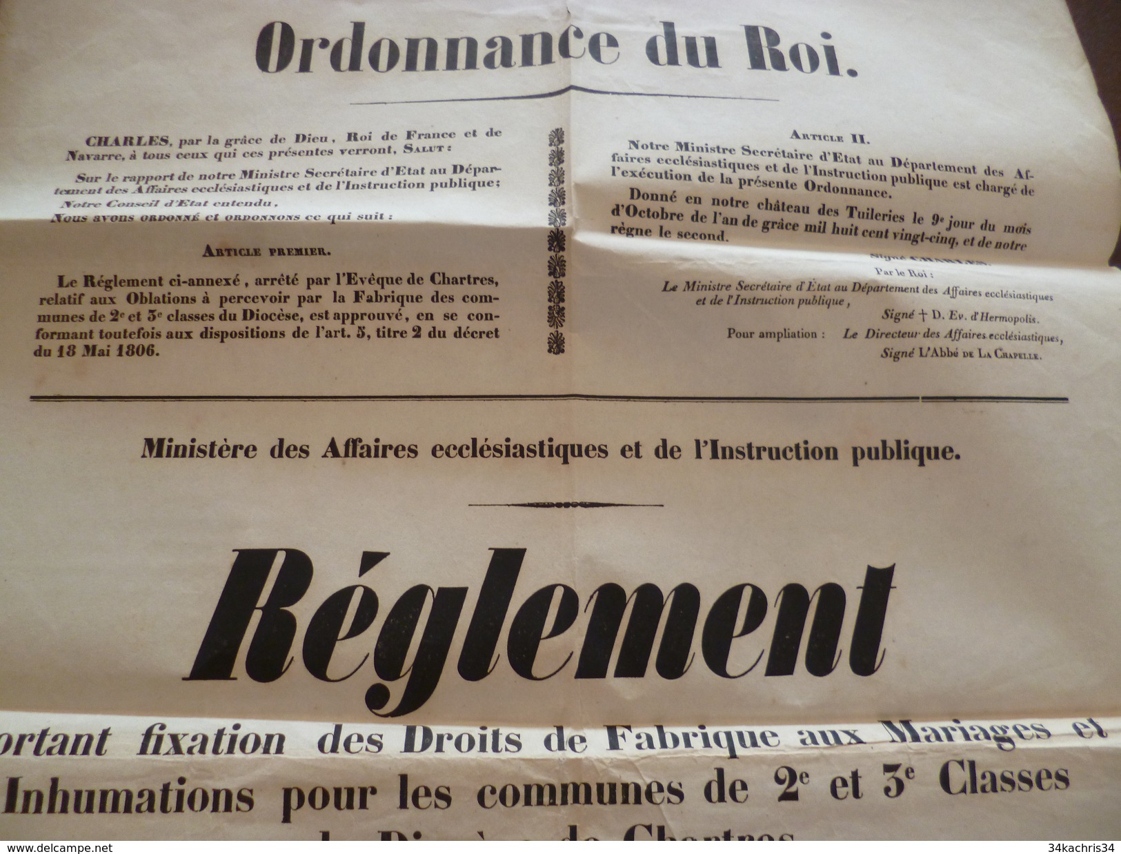 Affiche Placard Ordonnance Du Roi Chartres Fixation Des Droits De Fabrique Au Mariage Et Inhumations.22/01/1826  2X A3 - Décrets & Lois