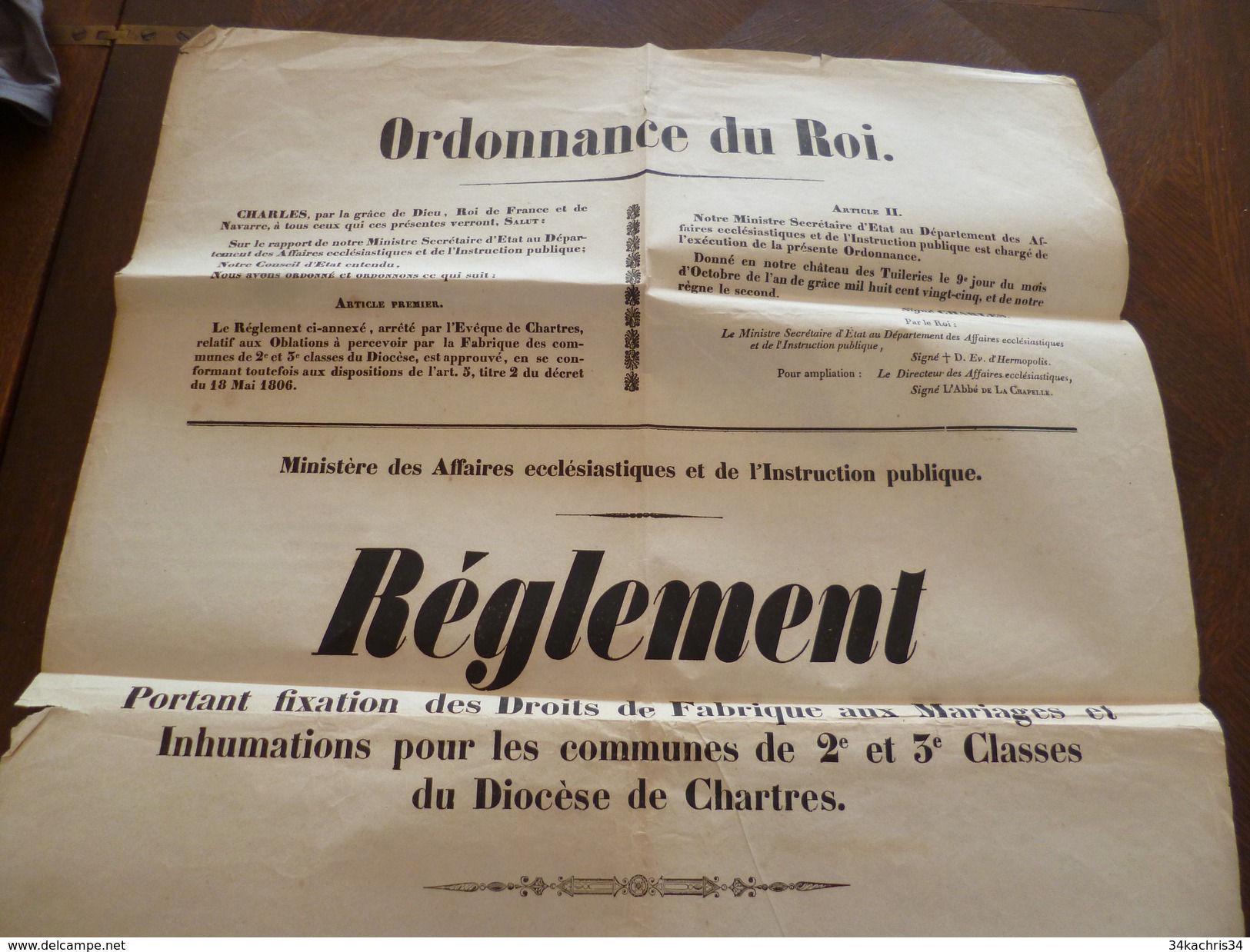 Affiche Placard Ordonnance Du Roi Chartres Fixation Des Droits De Fabrique Au Mariage Et Inhumations.22/01/1826  2X A3 - Décrets & Lois