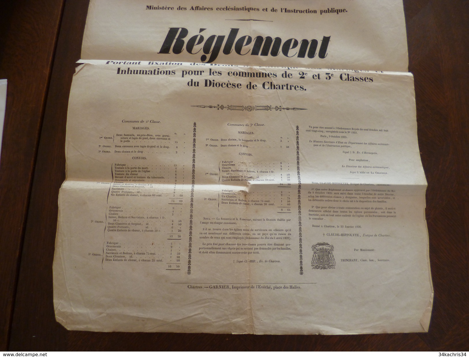 Affiche Placard Ordonnance Du Roi Chartres Fixation Des Droits De Fabrique Au Mariage Et Inhumations.22/01/1826  2X A3 - Décrets & Lois